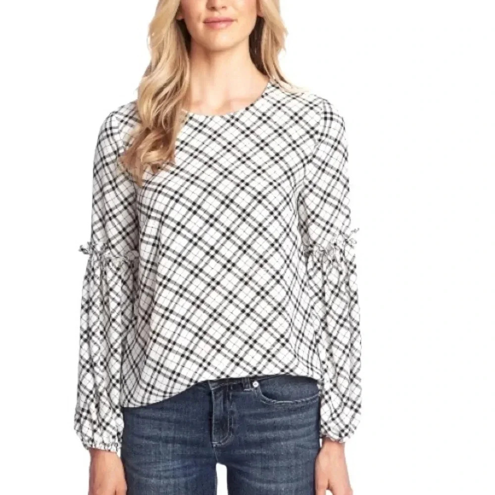 CECE | Women’s Elegant Plaid Puffed Sleeve White Blouse Size S